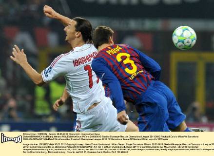 Zlatan IBRAHIMOVIC (Milan), Gerard PIQUE (Barcelona) Milano 28 03 2012 Stadio Giuseppe Meazza Champions League 2011 2012 Football Calcio Milan Vs Barcelona allexsabba