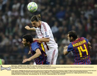Milan 28 03 2012 - Champions League AC Milan - FC Barcelona: Zlatan Ibrahimovic-Sergio Busquets-Javier Mascherano 