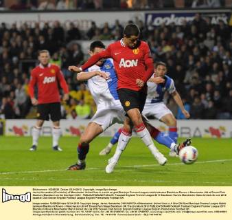 Javier Hernandez (Chicharito) of Manchester United fires in a shot on goal.Barclays Premier League match between Blackburn Rovers v Manchester Utd at Ewood Park Stadium, Blackburn on the 2nd April 2012 - EDITORIAL USE ONLY. No use with unauthorised audio, video, data, fixture lists, club league logos or live services. Online in-match use limited to 120 images, no video emulation. No use in betting, games or single club league player publications.