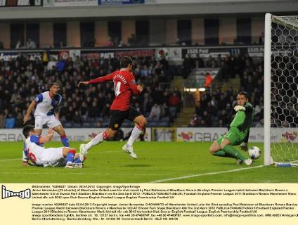 Javier Hernandez (Chicharito) of Manchester United sees his shot saved by Paul Robinson of Blackburn Rovers.Barclays Premier League match between Blackburn Rovers v Manchester Utd at Ewood Park Stadium, Blackburn on the 2nd April 2012 - EDITORIAL USE ONLY. No use with unauthorised audio, video, data, fixture lists, club league logos or live services. Online in-match use limited to 120 images, no video emulation. No use in betting, games or single club league player publications.
