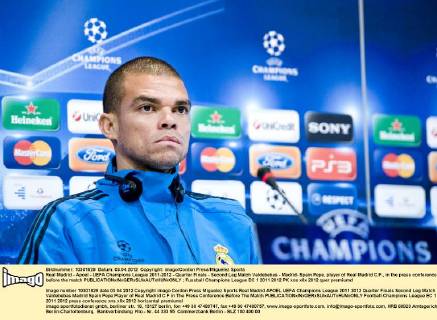 Real Madrid - Apoel - UEFA Champions League 2011-2012 - Quarter Finals - Second Leg Match Valdebebas - Madrid- Spain Pepe, player of Real Madrid C.F., in the press conference before the match 