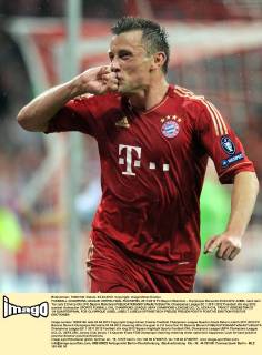 FUSSBALL CHAMPIONS LEAGUE VIERTELFINAL RÜCKSPIEL 2011 2012 FC Bayern München - Olympique Marseille 03.04.2012 JUBEL nach dem Tor zum 2:0 Ivica Olic (FC Bayern München) 