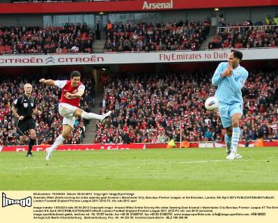 Arsenals Mikel Arteta scoring his sides opening goal Arsenal v Manchester City, Barclays Premier League, at the Emirates, London. 8th April 2012 EDITORIAL USE ONLY. No use with unauthorised audio, video, data, fixture lists, club league logos or live services. Online in-match use limited to 120 images, no video emulation. No use in betting, games or single club league player publications.