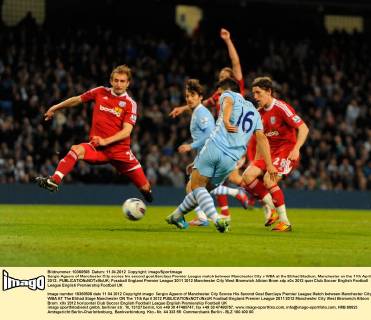 Sergio Aguero of Manchester City scores his second goal.Barclays Premier League match between Manchester City v WBA at the Etihad Stadium, Manchester on the 11th April 2012.. EDITORIAL USE ONLY. No use with unauthorised audio, video, data, fixture lists, club league logos or live services. Online in-match use limited to 120 images, no video emulation. No use in betting, games or single club league player publications.