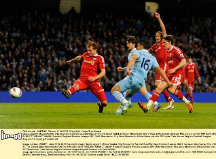 Sergio Aguero of Manchester City scores his second goal.Barclays Premier League match between Manchester City v WBA at the Etihad Stadium, Manchester on the 11th April 2012.. EDITORIAL USE ONLY. No use with unauthorised audio, video, data, fixture lists, club league logos or live services. Online in-match use limited to 120 images, no video emulation. No use in betting, games or single club league player publications.
