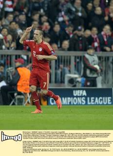 17.04.2012, Fussball Championsleague 2011 2012, Halbfinale Hinspiel, FC Bayern München - Real Madrid, in der Allianz-Arena München. Franck Ribery (München) Torjubel