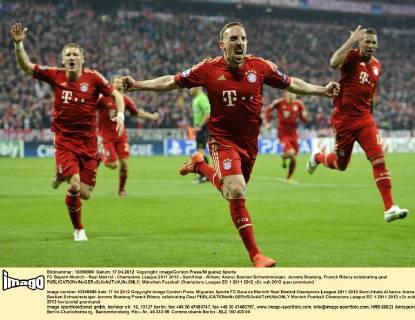 FC Bayern Munich - Real Madrid - Champions League 2011 2012 - Semifinal - Allianz Arena: Bastian Schweinsteiger, Jerome Boateng, Franck Ribery celebrating goal 