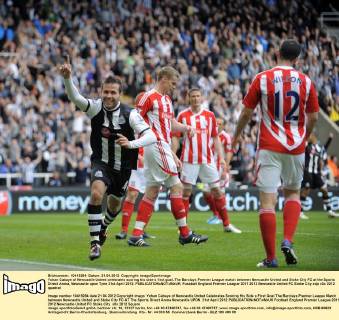 Yohan Cabaye of Newcastle United celebrates scoring his side s first goal..The Barclays Premier League match between Newcastle United and Stoke City FC at the Sports Direct Arena, Newcastle upon Tyne 21st April 2012. EDITORIAL USE ONLY. No use with unauthorised audio, video, data, fixture lists, club league logos or live services. Online in-match use limited to 120 images, no video emulation. No use in betting, games or single club league player publications.