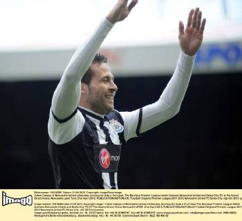Yohan Cabaye of Newcastle United celebrates scoring his side s first goal..The Barclays Premier League match between Newcastle United and Stoke City FC at the Sports Direct Arena, Newcastle upon Tyne 21st April 2012. EDITORIAL USE ONLY. No use with unauthorised audio, video, data, fixture lists, club league logos or live services. Online in-match use limited to 120 images, no video emulation. No use in betting, games or single club league player publications.