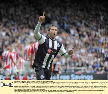 Yohan Cabaye of Newcastle United celebrates scoring his side s first goal..The Barclays Premier League match between Newcastle United and Stoke City FC at the Sports Direct Arena, Newcastle upon Tyne 21st April 2012. EDITORIAL USE ONLY. No use with unauthorised audio, video, data, fixture lists, club league logos or live services. Online in-match use limited to 120 images, no video emulation. No use in betting, games or single club league player publications.