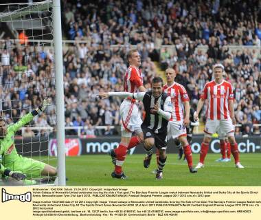 Yohan Cabaye of Newcastle United celebrates scoring his side s first goal..The Barclays Premier League match between Newcastle United and Stoke City at the Sports Direct Arena, Newcastle upon Tyne 21st April 2012.. EDITORIAL USE ONLY. No use with unauthorised audio, video, data, fixture lists, club league logos or live services. Online in-match use limited to 120 images, no video emulation. No use in betting, games or single club league player publications.
