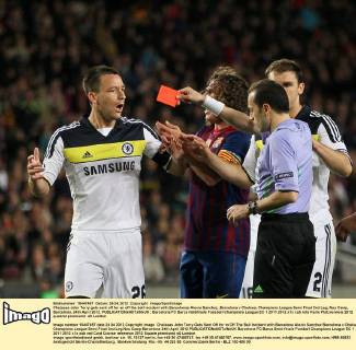 Chelseas John Terry gets sent off for an off the ball incident with Barcelonas Alexis Sanchez..Barcelona v Chelsea, Champions League Semi Final 2nd Leg, Nou Camp, Barcelona. 24th April 2012. EDITORIAL USE ONLY. No use with unauthorised audio, video, data, fixture lists, club league logos or live services. Online in-match use limited to 120 images, no video emulation. No use in betting, games or single club league player publications.