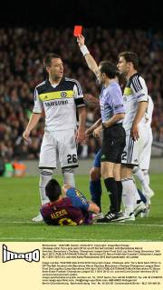 Chelseas John Terry gets sent off for an off the ball incident with Barcelonas Alexis Sanchez..Barcelona v Chelsea, Champions League Semi Final 2nd Leg, Nou Camp, Barcelona. 24th April 2012. EDITORIAL USE ONLY. No use with unauthorised audio, video, data, fixture lists, club league logos or live services. Online in-match use limited to 120 images, no video emulation. No use in betting, games or single club league player publications.