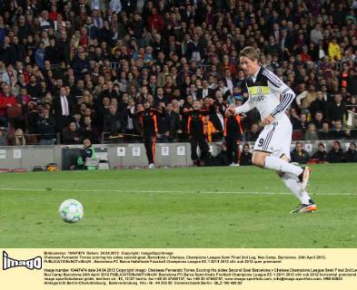 Chelseas Fernando Torres scoring his sides second goal..Barcelona v Chelsea, Champions League Semi Final 2nd Leg, Nou Camp, Barcelona. 24th April 2012. EDITORIAL USE ONLY. No use with unauthorised audio, video, data, fixture lists, club league logos or live services. Online in-match use limited to 120 images, no video emulation. No use in betting, games or single club league player publications.