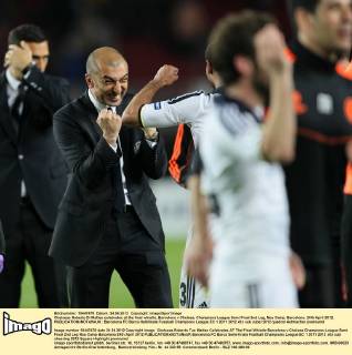 Chelseas Roberto Di Matteo celebrates at the final whistle..Barcelona v Chelsea, Champions League Semi Final 2nd Leg, Nou Camp, Barcelona. 24th April 2012. EDITORIAL USE ONLY. No use with unauthorised audio, video, data, fixture lists, club league logos or live services. Online in-match use limited to 120 images, no video emulation. No use in betting, games or single club league player publications.