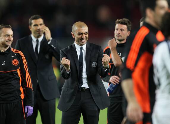 Chelseas Roberto Di Matteo celebrates at the final whistle..Barcelona v Chelsea, Champions League Semi Final 2nd Leg, Nou Camp, Barcelona. 24th April 2012. EDITORIAL USE ONLY. No use with unauthorised audio, video, data, fixture lists, club league logos or live services. Online in-match use limited to 120 images, no video emulation. No use in betting, games or single club league player publications.