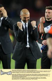 Chelseas Roberto Di Matteo celebrates at the final whistle..Barcelona v Chelsea, Champions League Semi Final 2nd Leg, Nou Camp, Barcelona. 24th April 2012. EDITORIAL USE ONLY. No use with unauthorised audio, video, data, fixture lists, club league logos or live services. Online in-match use limited to 120 images, no video emulation. No use in betting, games or single club league player publications.