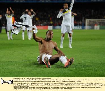Football - Champions League Semi-Final Second Leg - FC Barcelona vs. Chelsea FC London; Chelsea s Didier Drogba celebrates beating Barcelona over two legs at the Camp Nou, Barcelona 