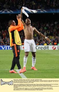 Chelseas Didier Drogba celebrates at the final whistle..Barcelona v Chelsea, Champions League Semi Final 2nd Leg, Nou Camp, Barcelona. 24th April 2012. EDITORIAL USE ONLY. No use with unauthorised audio, video, data, fixture lists, club league logos or live services. Online in-match use limited to 120 images, no video emulation. No use in betting, games or single club league player publications.