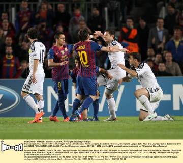 Barcelonas Lionel Messi and Cesc Fabregas tussle with Chelseas Frank Lampard..Barcelona v Chelsea, Champions League Semi Final 2nd Leg, Nou Camp, Barcelona. 24th April 2012. EDITORIAL USE ONLY. No use with unauthorised audio, video, data, fixture lists, club league logos or live services. Online in-match use limited to 120 images, no video emulation. No use in betting, games or single club league player publications.