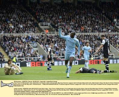 Yaya Toure of Manchester City celebrates scoring his side s second goal..Barclays Premier League match between Newcastle Utd v Manchester City at the Sports Direct Stadium, Newcastle on the 6th May 2012. xRichardLeex... EDITORIAL USE ONLY. No use with unauthorised audio, video, data, fixture lists, club league logos or live services. Online in-match use limited to 120 images, no video emulation. No use in betting, games or single club league player publications.