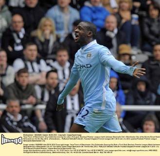 Yaya Toure of Manchester City celebrates scoring his side s first goal..Barclays Premier League match between Newcastle Utd v Manchester City at the Sports Direct Stadium, Newcastle on the 6th May 2012. xRichardLeex... EDITORIAL USE ONLY. No use with unauthorised audio, video, data, fixture lists, club league logos or live services. Online in-match use limited to 120 images, no video emulation. No use in betting, games or single club league player publications.