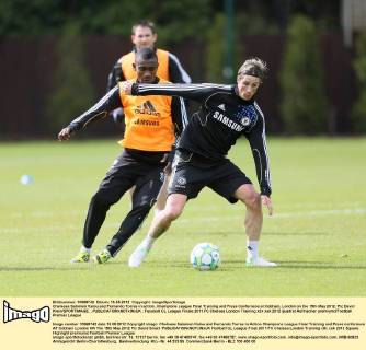 Chelseas Salomon Kalou and Fernando Torres in action..Champions League Final Training and Press Confernece at Cobham, London on the 15th May 2012. Pic David Klein SPORTIMAGE... EDITORIAL USE ONLY. No use with unauthorised audio, video, data, fixture lists, club league logos or live services. Online in-match use limited to 120 images, no video emulation. No use in betting, games or single club league player publications.