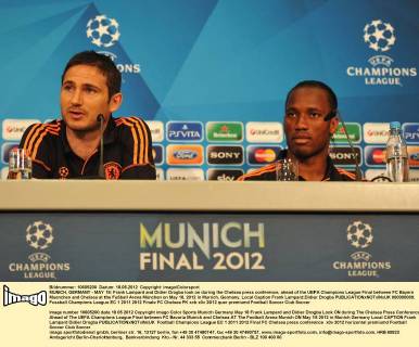 MUNICH, GERMANY - MAY 18: Frank Lampard and Didier Drogba look on during the Chelsea press conference, ahead of the UEFA Champions League Final between FC Bayern Muenchen and Chelsea at the Fußball Arena München on May 18, 2012 in Munich, Germany. Local Caption Frank Lampard;Didier Drogba  000000000