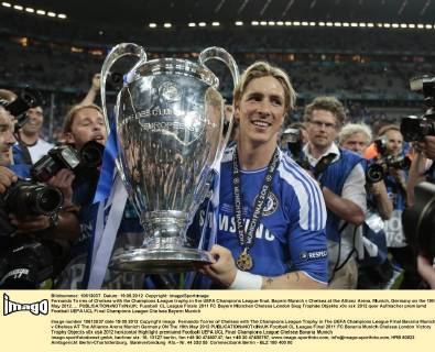Fernando Torres of Chelsea with the Champions League trophy.in the UEFA Champions League final, Bayern Munich v Chelsea at the Allianz Arena, Munich, Germany on the 19th May 2012. ... EDITORIAL USE ONLY. No use with unauthorised audio, video, data, fixture lists, club league logos or live services. Online in-match use limited to 120 images, no video emulation. No use in betting, games or single club league player publications.