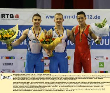 17.06.2012, Mitsubishi Electric Halle, Düsseldorf, Germany, Turnen Deutsche Meisterschaft 2012, Gerätefinale Männer Boden Bodenturnen, im Bild bei der Siegerehrung von links 2.Platz Silbermedaille Thomas Taranu (KTV Straubenhardt), Deutscher Meister Goldmedaille Fabian Hambüchen Hambuechen (TSG Niedergirmes), 3.Platz Bronzemedaille Marcel Nguyen (TSV Unterhaching)