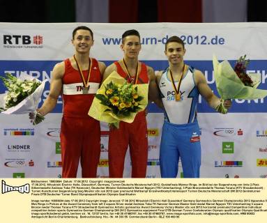 17.06.2012, Mitsubishi Electric Halle, Düsseldorf, Germany, Turnen Deutsche Meisterschaft 2012, Gerätefinale Männer Ringe, im Bild bei der Siegerehrung von links 2.Platz Silbermedaille Andreas Toba (TK Hannover), Deutscher Meister Goldmedaille Marcel Nguyen (TSV Unterhaching), 3.Platz Bronzemedaille Thomas Taranu (KTV Straubenhardt)