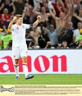 Englands Steven Gerrard celebrates at the final whistle..Euro 2012 England v Ukraine, Donbass Arena, Donetsk, 19th June 2012. Pic David Klein SPORTIMAGE EDITORIAL USE ONLY. No use with unauthorised audio, video, data, fixture lists, club league logos or live services. Online in-match use limited to 120 images, no video emulation. No use in betting, games or single club league player publications.