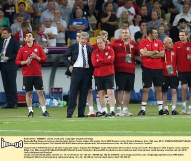 Englands Roy Hodgson looks on dejected after Ashley Young misses his penalty..Euro 2012 England v Italy, Olympic Stadium, Kiev, 24th June 2012. EDITORIAL USE ONLY. No use with unauthorised audio, video, data, fixture lists, club league logos or live services. Online in-match use limited to 120 images, no video emulation. No use in betting, games or single club league player publications.