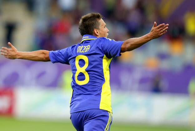 FUSSBALL - CL Quali, Maribor vs Dudelange MARBURG,SLOWENIEN,01.AUG.12 - FUSSBALL - UEFA Champions League, Qualifikation, NK Maribor vs F91 Duedelingen. Bild zeigt den Jubel von Dejan Mezga (Maribor). 