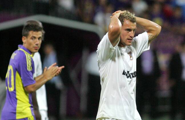 01.08.2012 Maribor(Slovenia) NK Maribor - F91 Dudelange Uefa Champions League 3rd leg qualify men s football Aurelien Joachim(r) F91 Dudelange after lost match : 