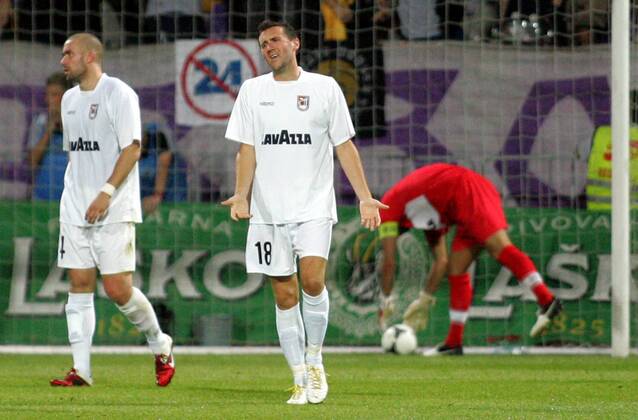 01.08.2012 Maribor(Slovenia) NK Maribor - F91 Dudelange Uefa Champions League 3rd leg qualify men s football Jean-Sebastien Legros(c) F91 Dudelange angry after fourth received goal on the match : 