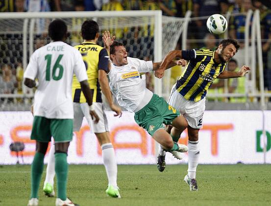 Champions League 3rd qualifying match between Fenerbahce SK Istanbul and FC Vaslui at the Sukru Saracoglu Stadium in Istanbul, on 2012 08 01 Fenerbahce - Vaslui FC 1-1: Egemen Korkmaz of Fenerbahce and Marius Niculae (white) of Vaslui. 