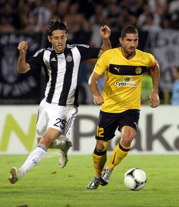 08.08.2012 Belgrade(Serbia) FK Partizan - FC AEL Limassol UEFA Champions League third leg qualify men s football Marios Nicolaou(r) FC AEL Limassol and Stafan Babovic(L) FK Partizan : 