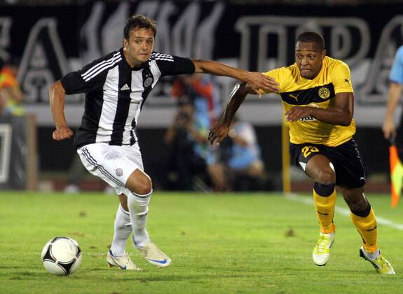 08.08.2012 Belgrade(Serbia) FK Partizan - FC AEL Limassol UEFA Champions League third leg qualify men s football Carlitos(r) FC AEL Limassol and Nemanja Tomic(L) FK Partizan : 