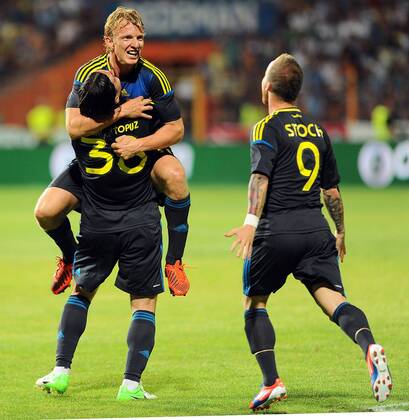 Champions League 3rd qualifying match between SC Vaslui and Fenerbahce Istanbul at the Municipal Ceahlaul Stadium in Piatra Neamt, Romania on 2012 08 08 Pictured: Dirk Kuyt and Mehmet Topuz and Miroslav Stoch of Fenerbahce. 