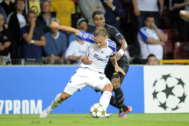 Pierre Bengtsson (Copenhague) vs Franck Beria (Losc) FOOTBALL : FC Copenhague vs Losc - tour preliminaire Champions League - 21.08.2012 JBAutissier Panoramic 