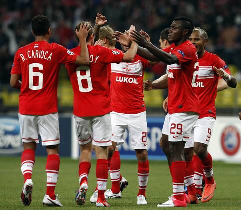Champions League qualifying match between Spartak Moscow and Fenerbahce Istanbul at Luzhniki Stadium in Moscow, Russia on 2012 08 21 Match Scored: Spartak Moscow 2 - Fenerbahce 1 Pictured: Emmanuel Emenike and Spartak Moscow s players celebrates after the scored. 
