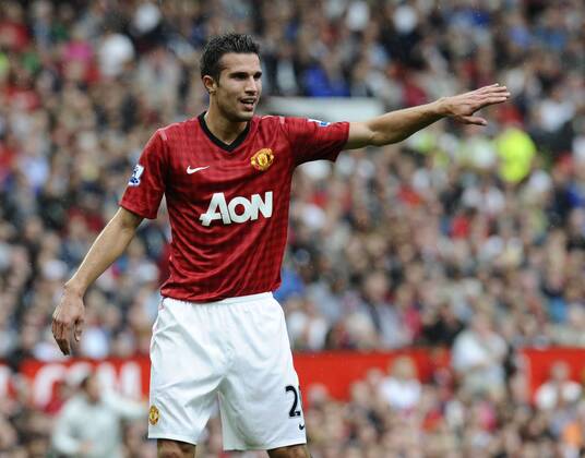 Robin van Persie of Manchester United Barclays Premier League; Manchester United (ManU) - Fulham FC at Old Trafford, Manchester on the 25th August 2012. EDITORIAL USE ONLY. No use with unauthorised audio, video, data, fixture lists, club league logos or live services. Online in-match use limited to 120 images, no video emulation. No use in betting, games or single club league player publications.