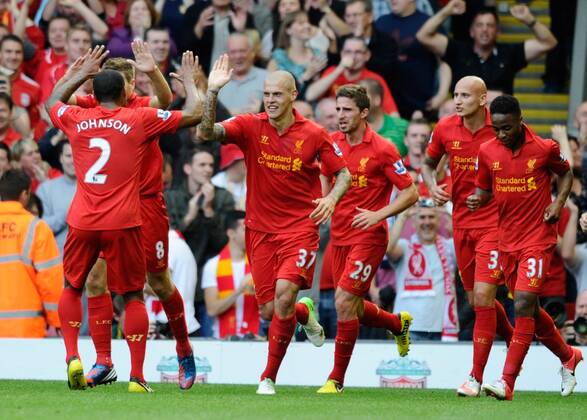 Martin Skrtel of Liverpool celebrates scoring the first goal.Barclays Premier League match between.Liverpool v Manchester City at Anfield, Liverpool on the 26th August 2012.Pic Simon Bellis Sportimage EDITORIAL USE ONLY. No use with unauthorised audio, video, data, fixture lists, club league logos or live services. Online in-match use limited to 120 images, no video emulation. No use in betting, games or single club league player publications.