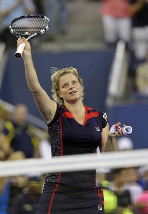 Kim Clijsters of Belgium reacts after match point in her first round match at the 2012 U.S. Open Tennis Championships in Arthur Ashe Stadium at the Billie Jean King National Tennis Center in New York City on August 27, 2012.  NYP20120827128