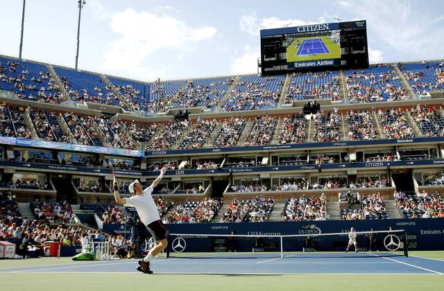 Andy Murray of Great Britain serves in the third set during first-round action at the U.S. Open held at the National Tennis Center on August 27, 2012 in New York.  NYP20120827308