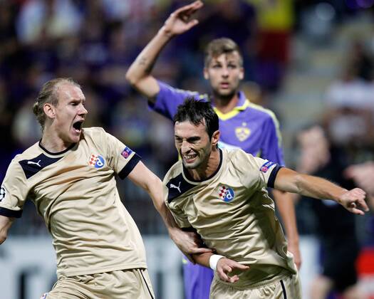 FUSSBALL - CL Play Off, Maribor vs Zagreb MARBURG,SLOWENIEN,28.AUG.12 - FUSSBALL - UEFA Champions League, Play Off, NK Maribor vs Dinamo Zagreb. Bild zeigt den Jubel von Filip Loncaric und Tonel (Zagreb). 