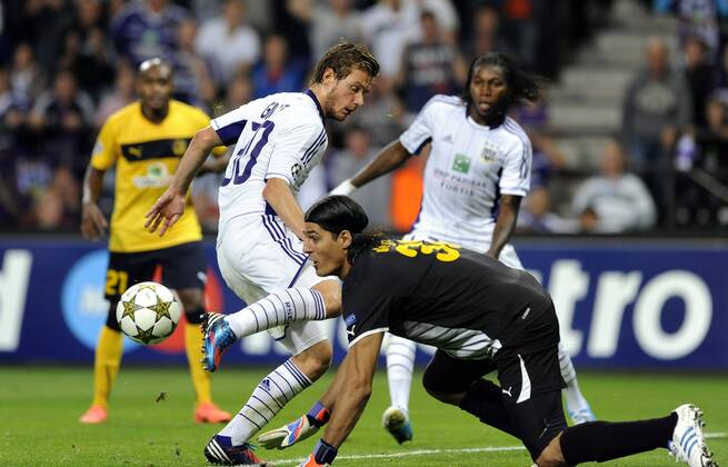 Anderlecht , Belgium August , 28 2012 Champions League Play off round 2nd leg RSC Anderlecht AEL Limassol FC Guillaume Gillet Matias Degra 