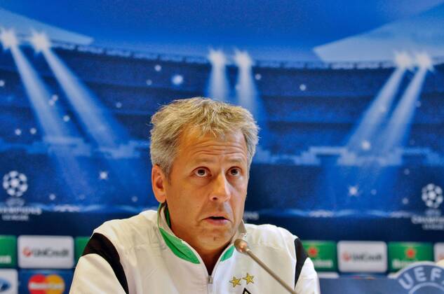 Coach Lucien Favre of VfL Borussia Mönchengladbach speaks during a press conference before the UEFA Champions League play-off round second-leg match against FC Dynamo Kyiv at the conference hall of the National Complex Olimpiyskiy, Kyiv, capital of Ukraine, August 28, 2012. UKRINFORM. 