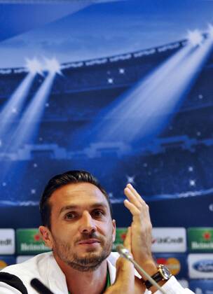 Defender of VfL Borussia Mönchengladbach Martin Stranzl speaks during a press conference before the UEFA Champions League play-off round second-leg match against FC Dynamo Kyiv at the conference hall of the National Complex Olimpiyskiy, Kyiv, capital of Ukraine, August 28, 2012. UKRINFORM. 
